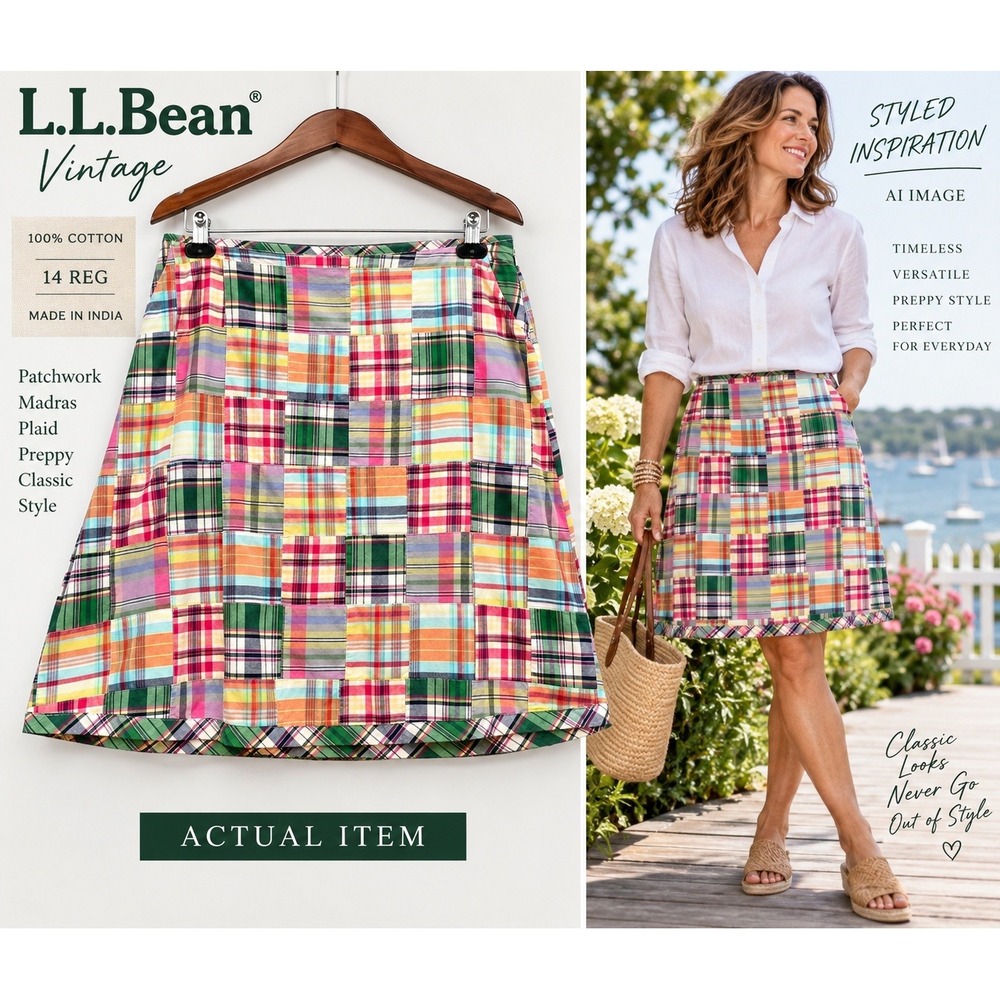 L.L. Bean Patchwork Madras Skirt Womens Preppy Plaid Multi 14 REG Excellent